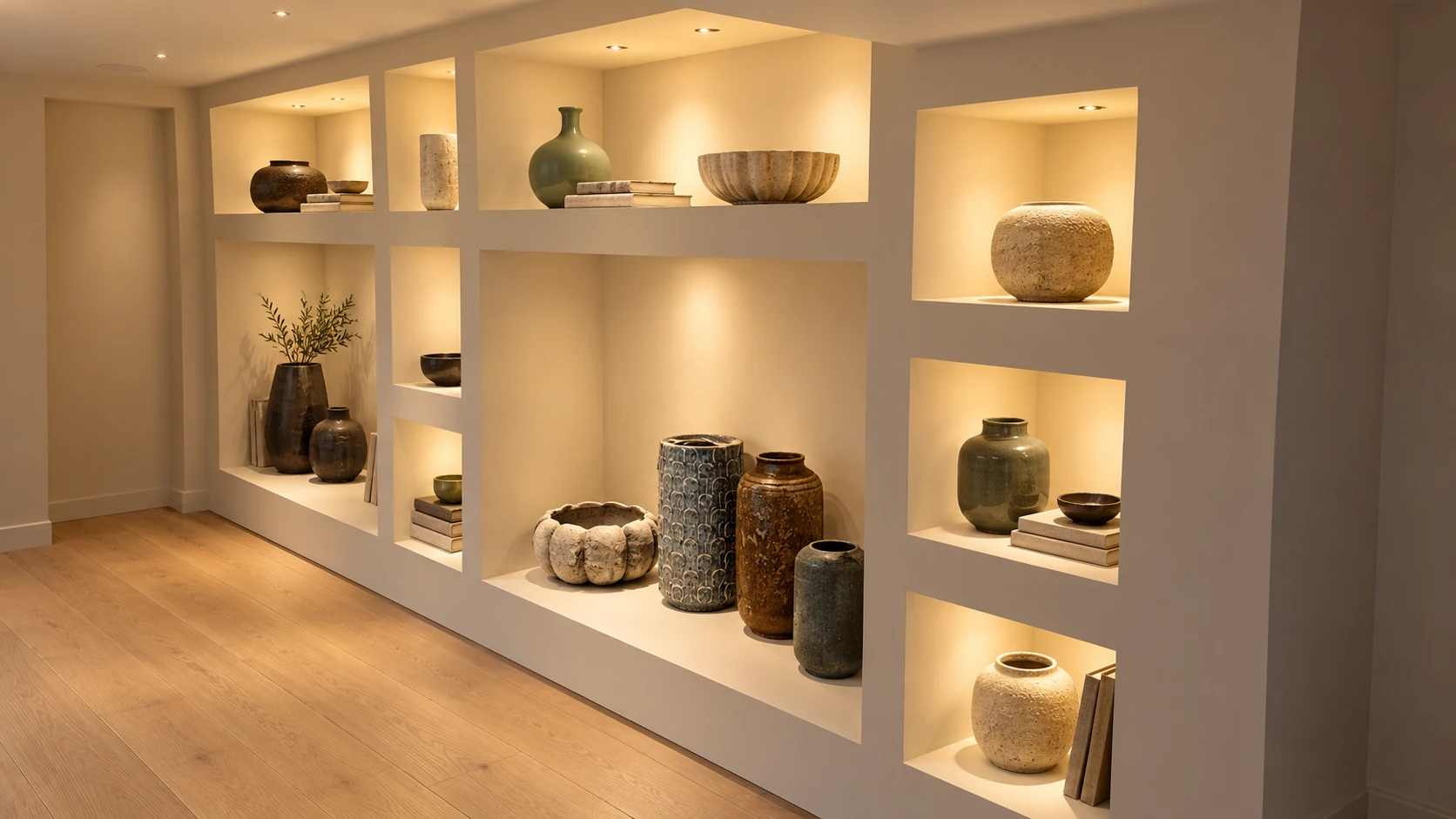 Nichos iluminados con cerámica decorativa, libros y suelo de madera. Visualización editada sobre la fotografía original.