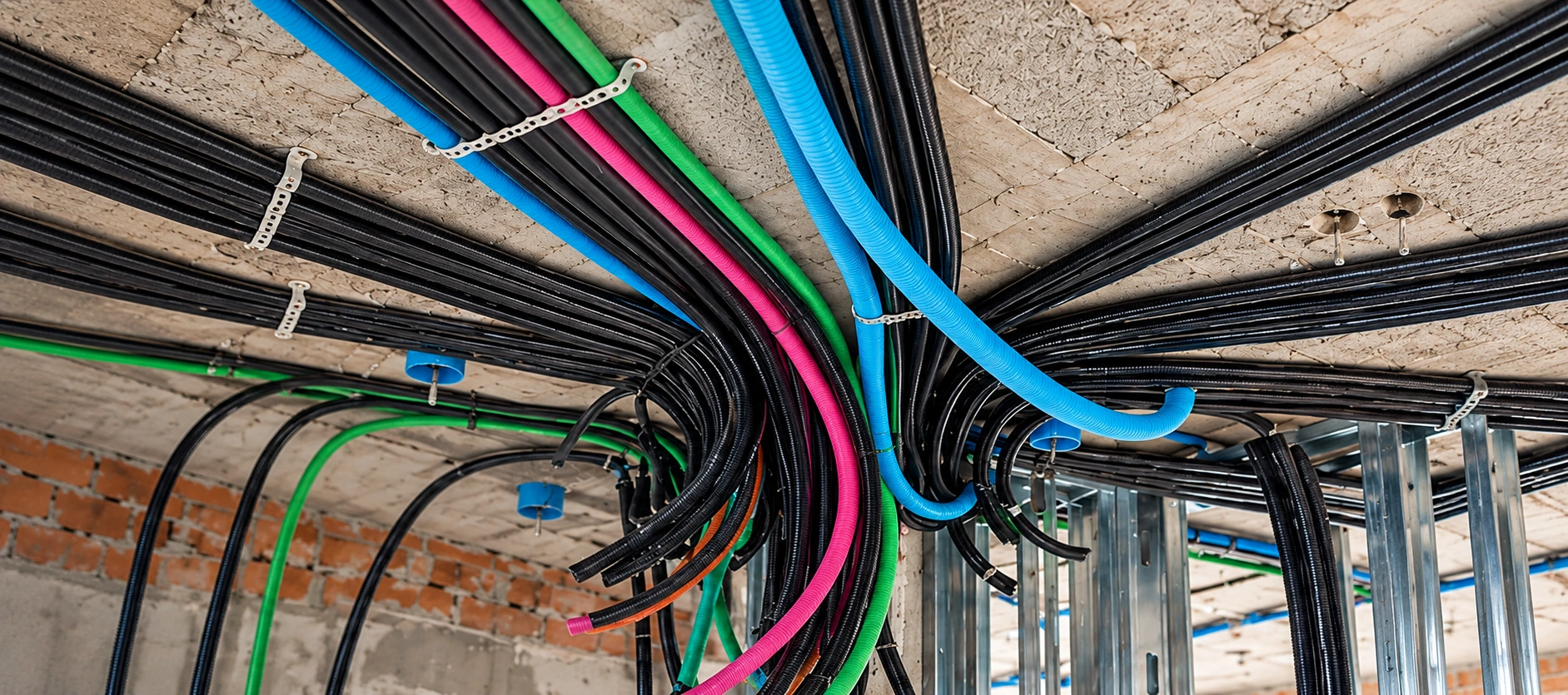 Imagen ilustrativa en alta definición de tubos azules, verdes y rosas en una instalación eléctrica